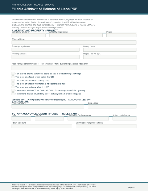 Fillable Affidavit of Release of Liens PDF preview