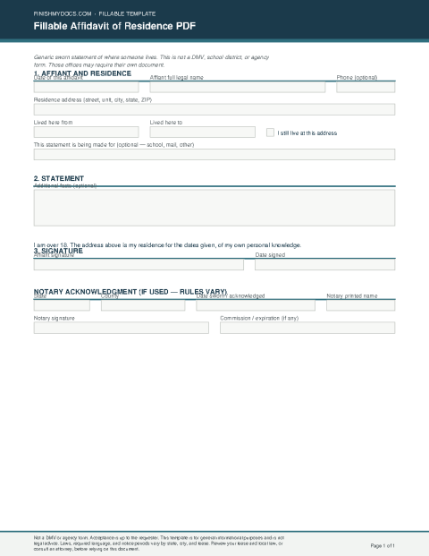 Fillable Affidavit of Residence PDF preview