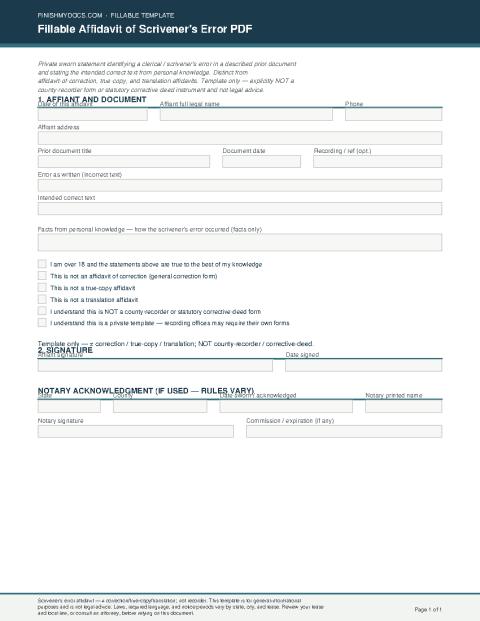 Fillable Affidavit of Scrivener's Error PDF preview