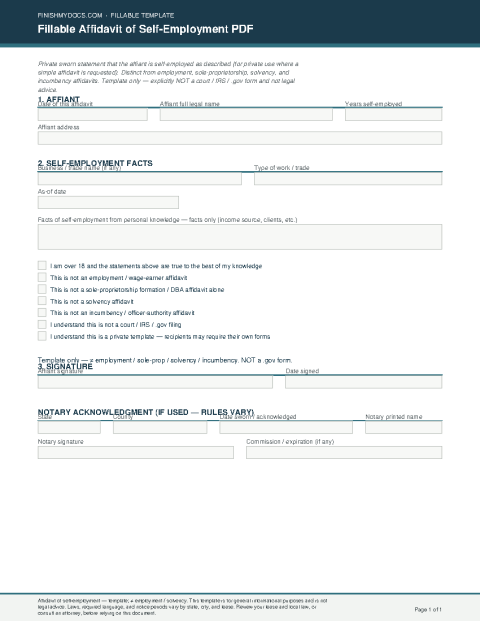 Fillable Affidavit of Self-Employment PDF preview