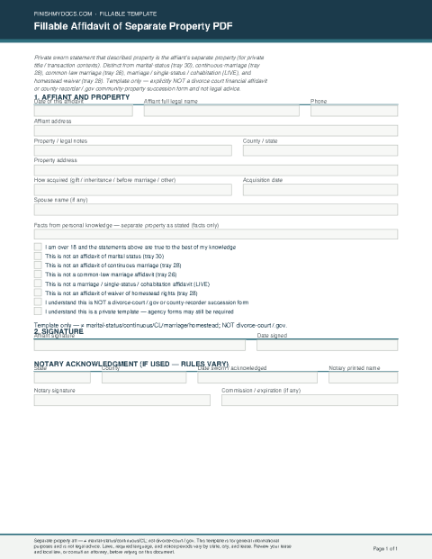Fillable Affidavit of Separate Property PDF preview