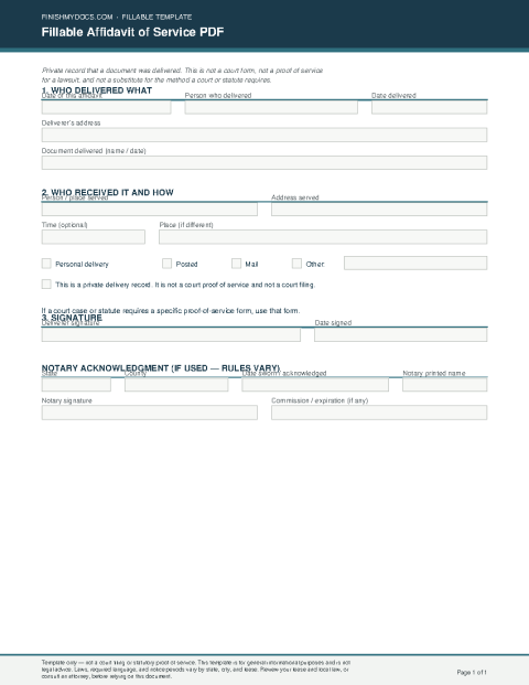 Fillable Affidavit of Service PDF preview
