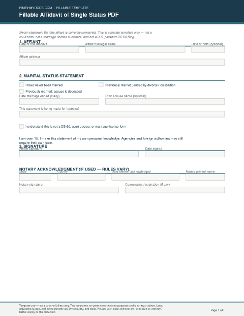 Fillable Affidavit of Single Status PDF preview