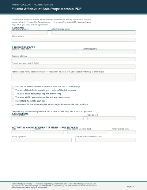Fillable Affidavit of Sole Proprietorship PDF preview