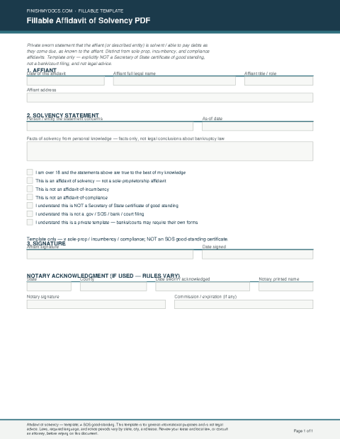 Fillable Affidavit of Solvency PDF preview