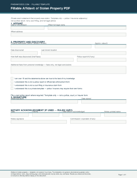 Fillable Affidavit of Stolen Property PDF preview