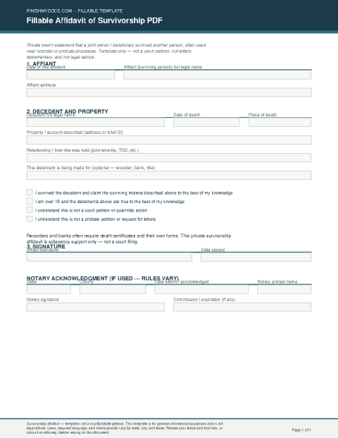 Fillable Affidavit of Survivorship PDF preview