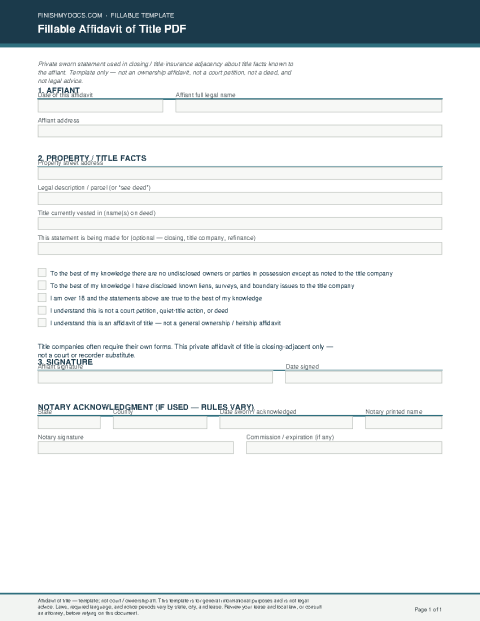 Fillable Affidavit of Title PDF preview