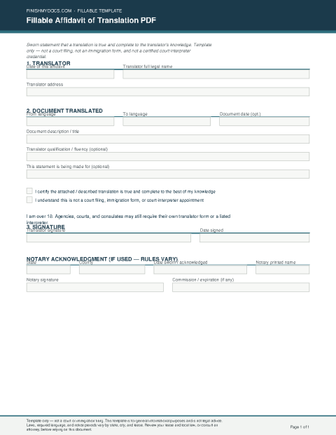 Fillable Affidavit of Translation PDF preview