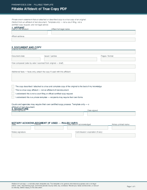 Fillable Affidavit of True Copy PDF preview