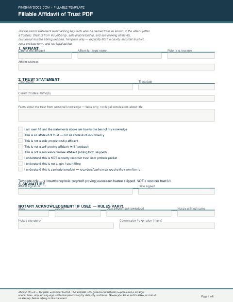 Fillable Affidavit of Trust PDF preview