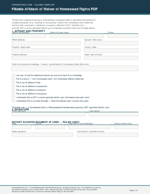 Fillable Affidavit of Waiver of Homestead Rights PDF preview