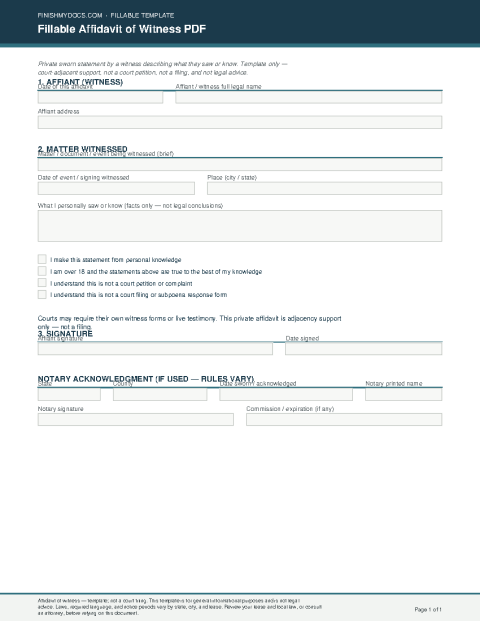 Fillable Affidavit of Witness PDF preview