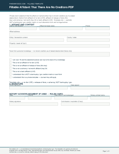 Fillable Affidavit That There Are No Creditors PDF preview