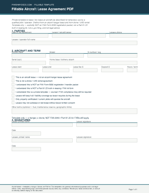 Fillable Aircraft Lease Agreement PDF preview