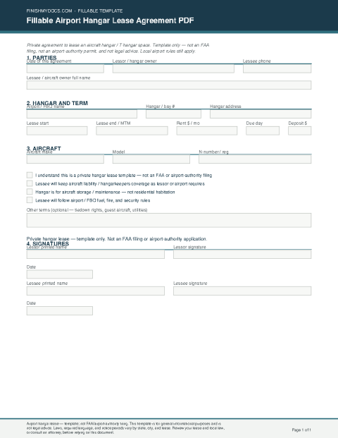 Fillable Airport Hangar Lease Agreement PDF preview