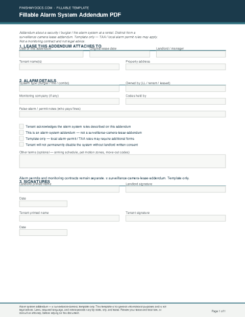 Fillable Alarm System Addendum PDF preview