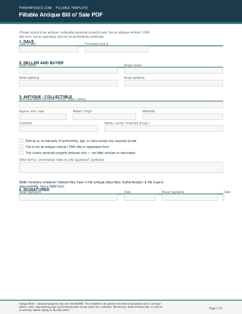 Fillable Antique Bill of Sale PDF preview