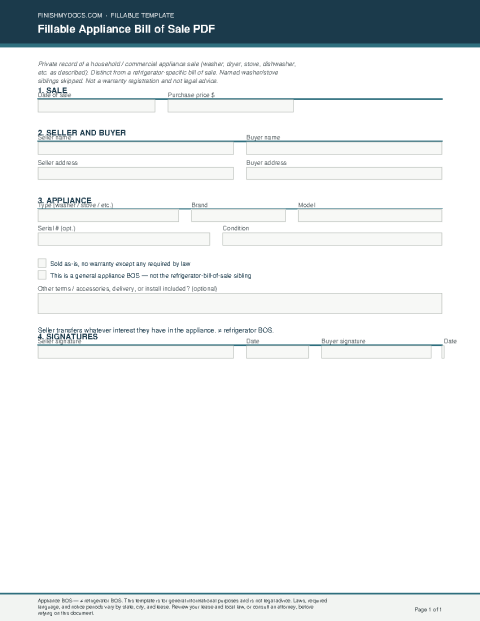 Fillable Appliance Bill of Sale PDF preview