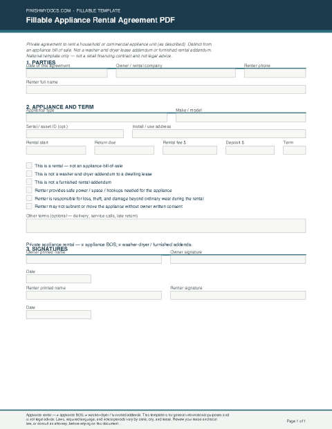 Fillable Appliance Rental Agreement PDF preview