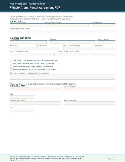 Fillable Arena Rental Agreement PDF preview