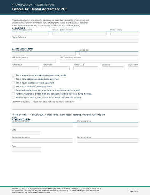 Fillable Art Rental Agreement PDF preview