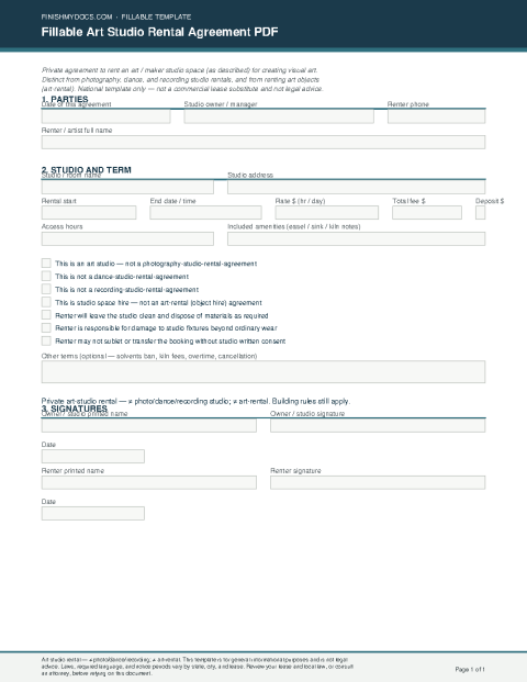 Fillable Art Studio Rental Agreement PDF preview