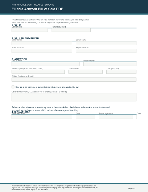 Fillable Artwork Bill of Sale PDF preview