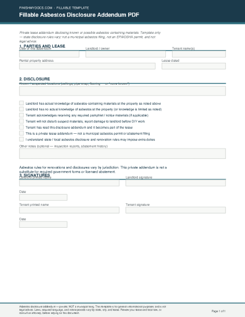 Fillable Asbestos Disclosure Addendum PDF preview