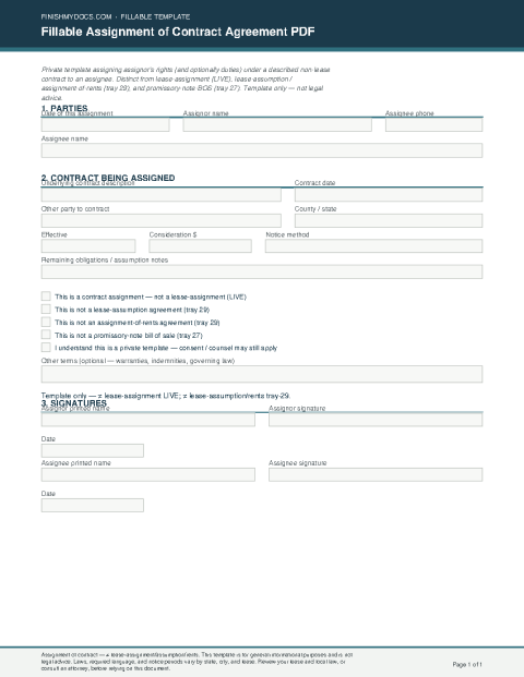 Fillable Assignment of Contract Agreement PDF preview