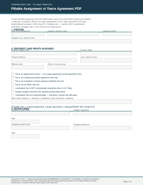 Fillable Assignment of Rents Agreement PDF preview
