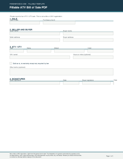 Fillable ATV Bill of Sale PDF preview