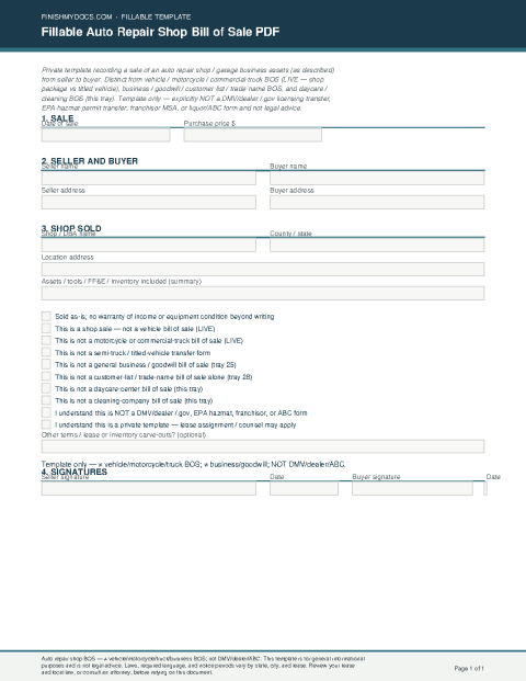 Fillable Auto Repair Shop Bill of Sale PDF preview