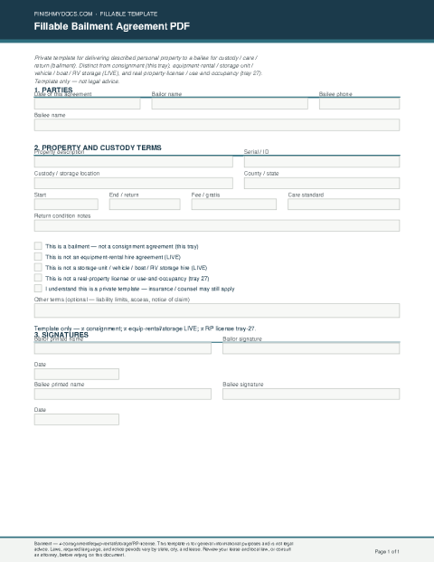 Fillable Bailment Agreement PDF preview