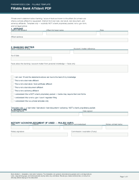 Fillable Bank Affidavit PDF preview