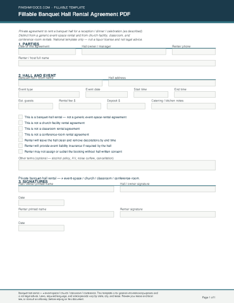Fillable Banquet Hall Rental Agreement PDF preview