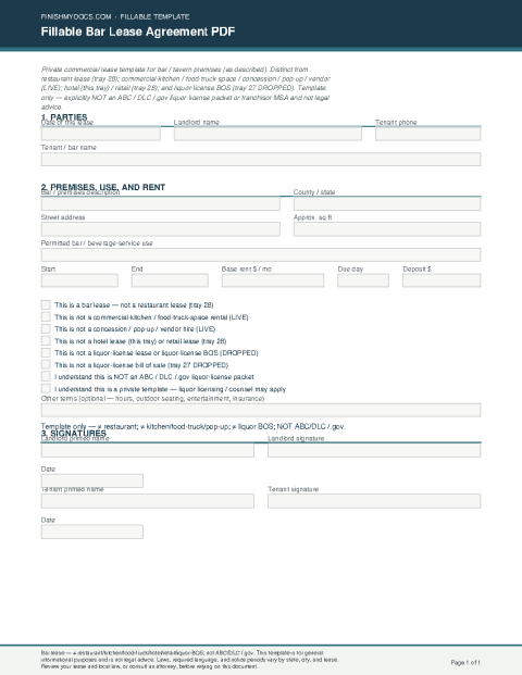 Fillable Bar Lease Agreement PDF preview
