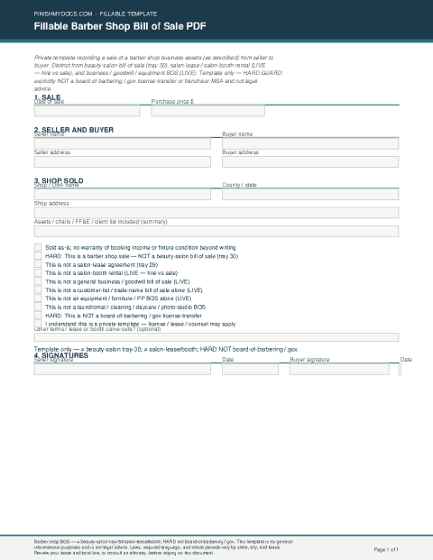 Fillable Barber Shop Bill of Sale PDF preview