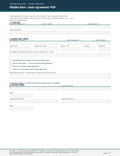 Fillable Barn Lease Agreement PDF preview