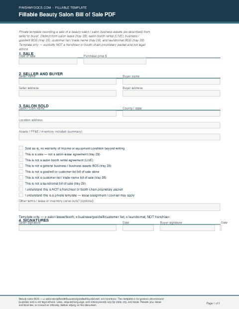 Fillable Beauty Salon Bill of Sale PDF preview