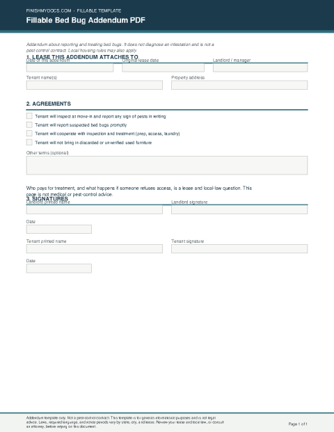 Fillable Bed Bug Addendum PDF preview