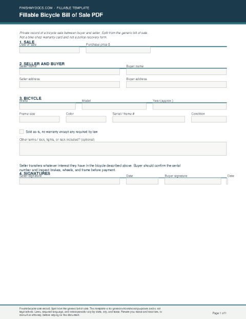 Fillable Bicycle Bill of Sale PDF preview