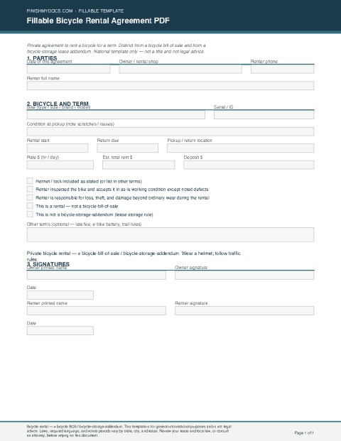 Fillable Bicycle Rental Agreement PDF preview