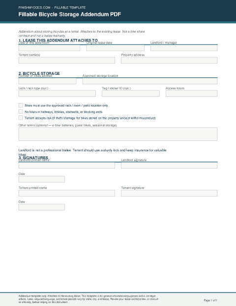 Fillable Bicycle Storage Addendum PDF preview