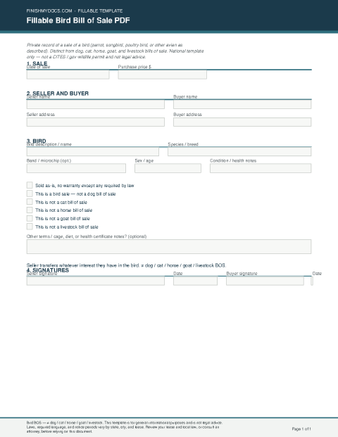Fillable Bird Bill of Sale PDF preview