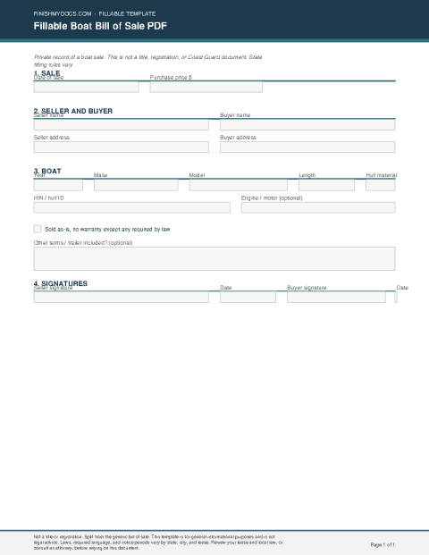 Fillable Boat Bill of Sale PDF preview