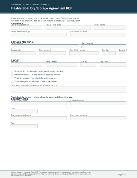 Fillable Boat Dry Storage Agreement PDF preview