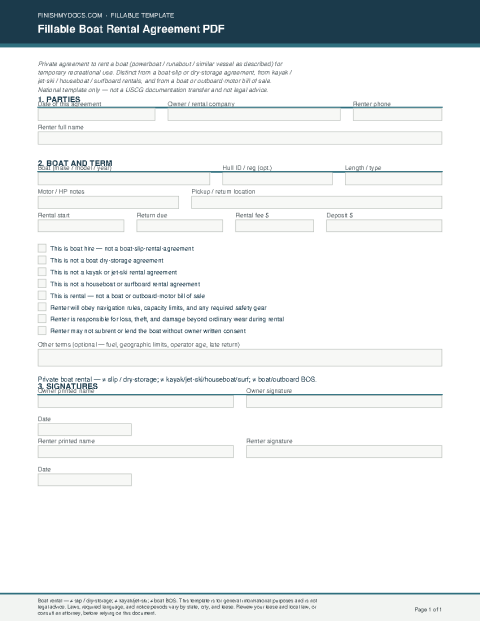 Fillable Boat Rental Agreement PDF preview