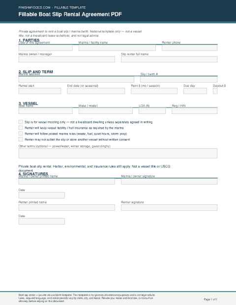 Fillable Boat Slip Rental Agreement PDF preview