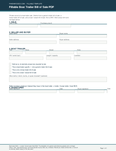 Fillable Boat Trailer Bill of Sale PDF preview
